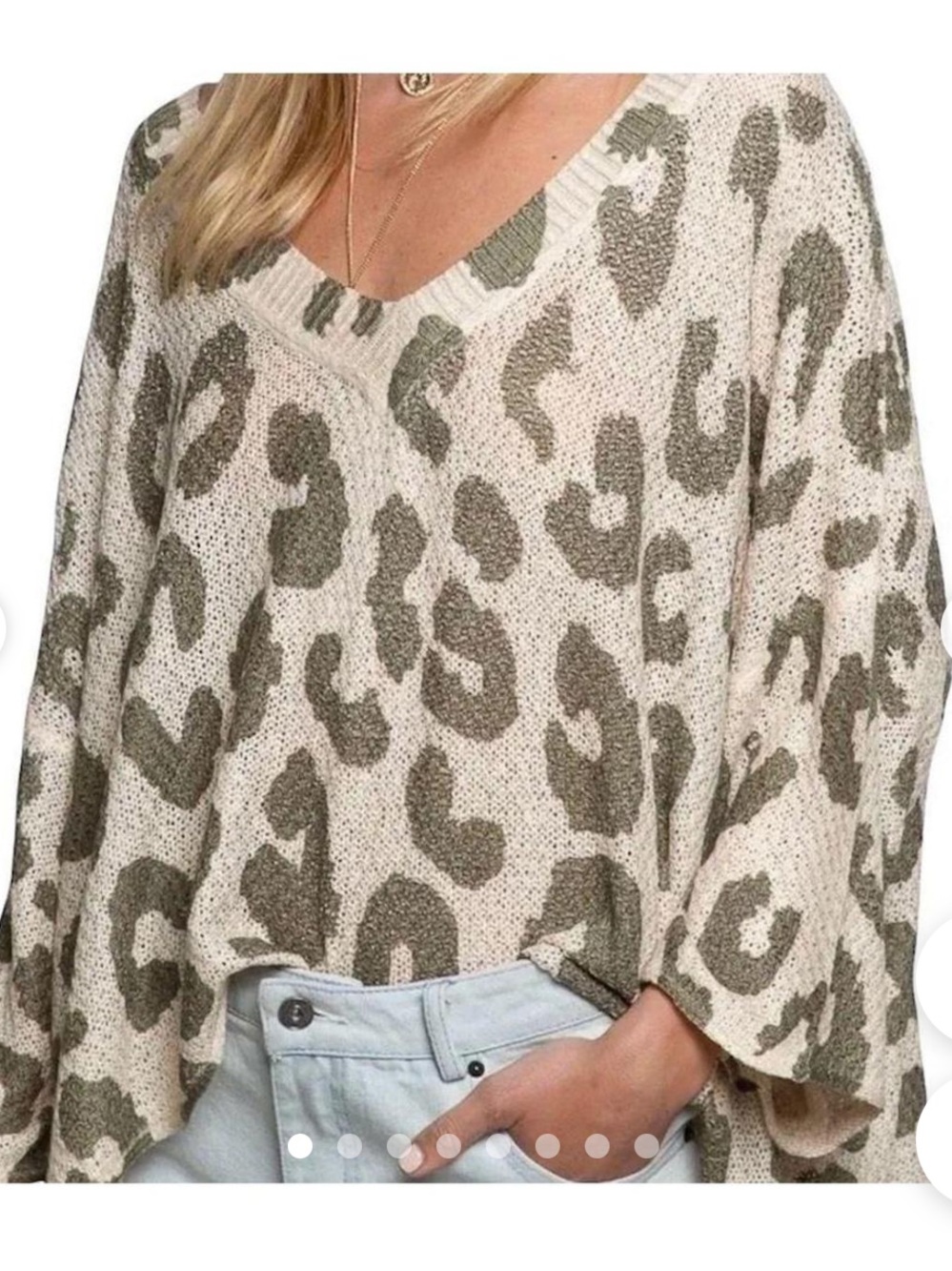 POL Olive Leopard V-Neck Sweater on Cream